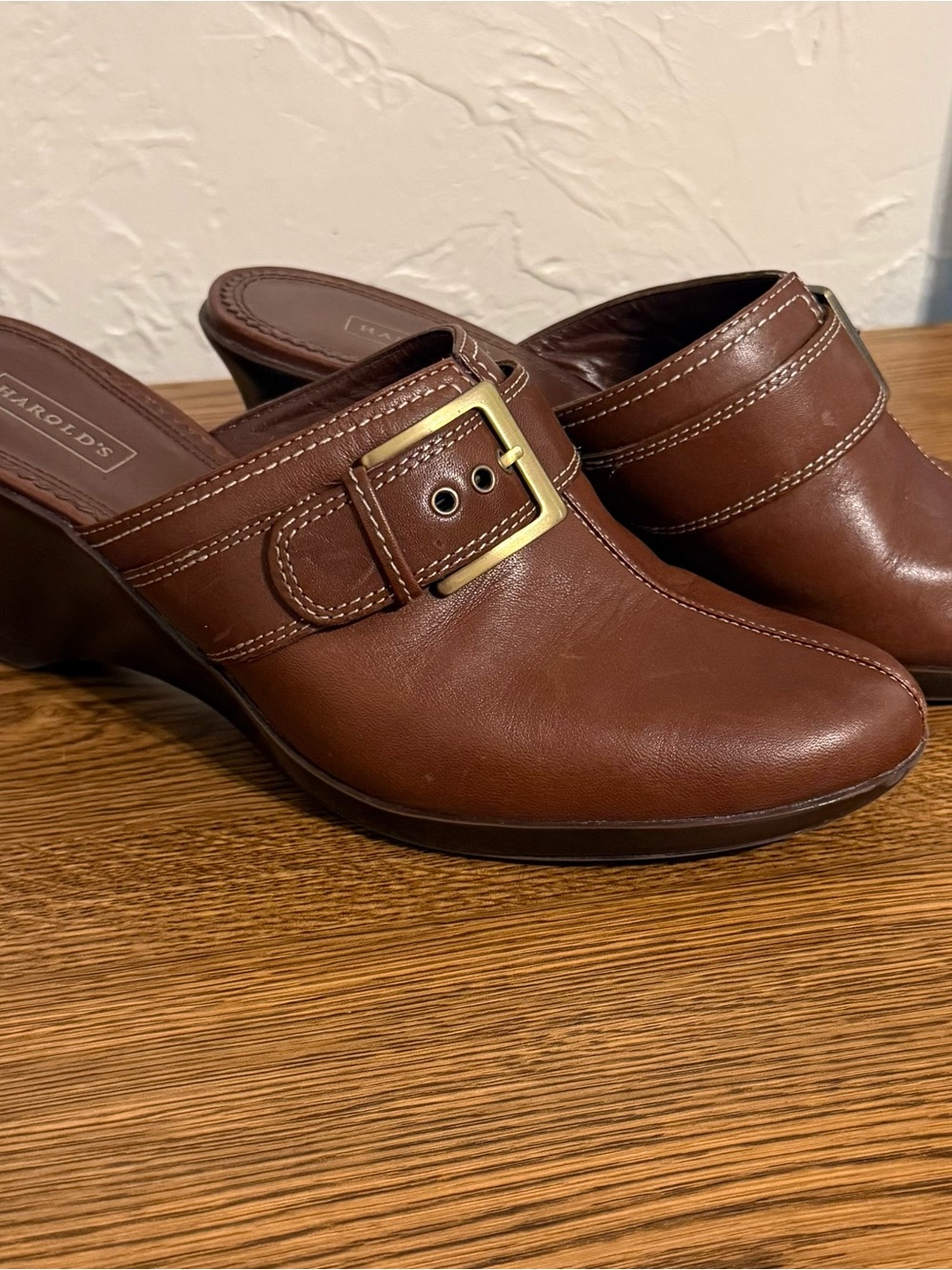 Harold's Brown Leather Slip-On Mules with Gold Buckle Accent